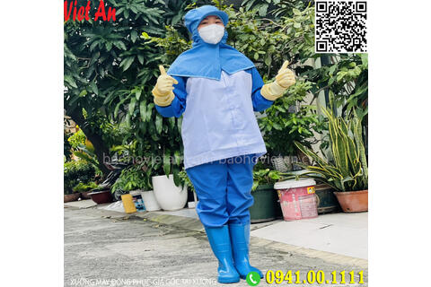 Quần Áo Thủy Sản Xanh Phối Trắng, Nón Trùm Thủy Sản Kèm Ủng Xanh, Găng Tay