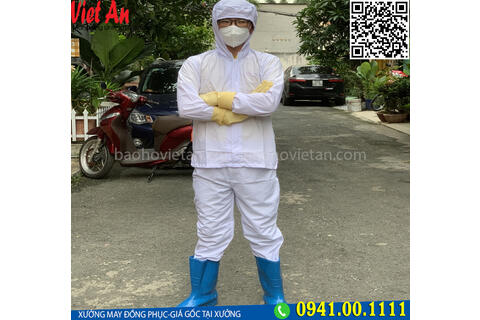( Combo ) Quần Áo Thủy Sản Kate Thường Trắng Có Nón+Găng Tay Vàng+Ủng Xanh