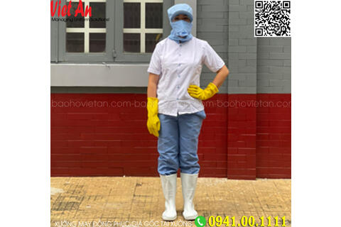 Quần Áo Thủy Sản Kaki Trắng + Nón Trùm Khẩu Trang Găng Tay, Ủng Trắng