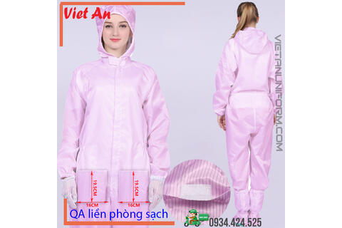 Quần Áo Liền Thân Có Nón Phòng Sạch Dài Tay Màu Hồng QAPSNTVA012