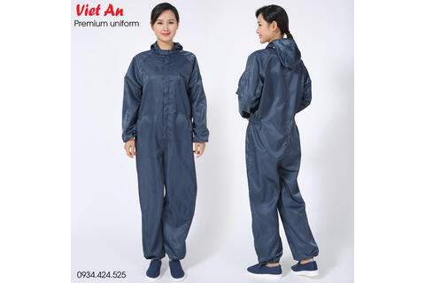 Quần Áo Phòng Sạch Liền Thân Có Nón Dài Tay Màu Xanh QAPSNTVA21