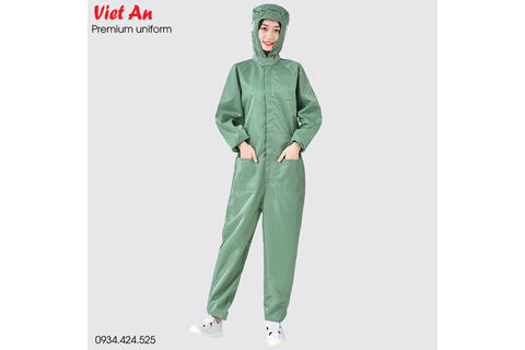 Quần Áo Phòng Sạch Có Nón Dài Tay Màu Xanh Lá QAPSNTVA22