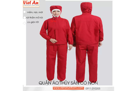 Quần Áo Thủy Sản Silk Đỏ Áo Liền Nón Quần Rời , QATSVA29